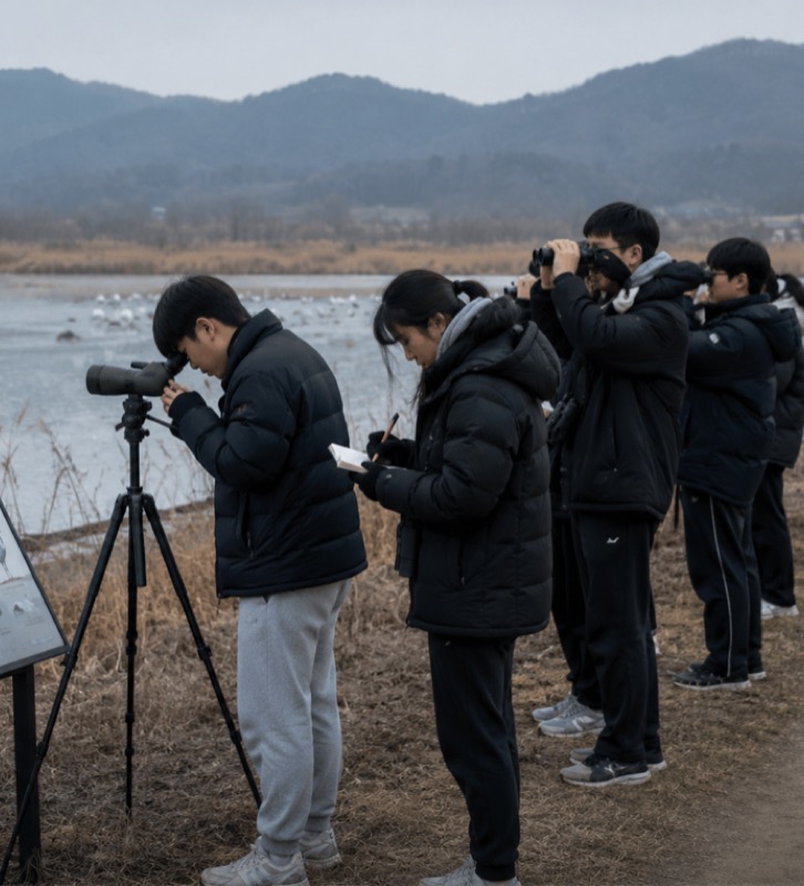Students conducting crane census in Cheorwon Plain