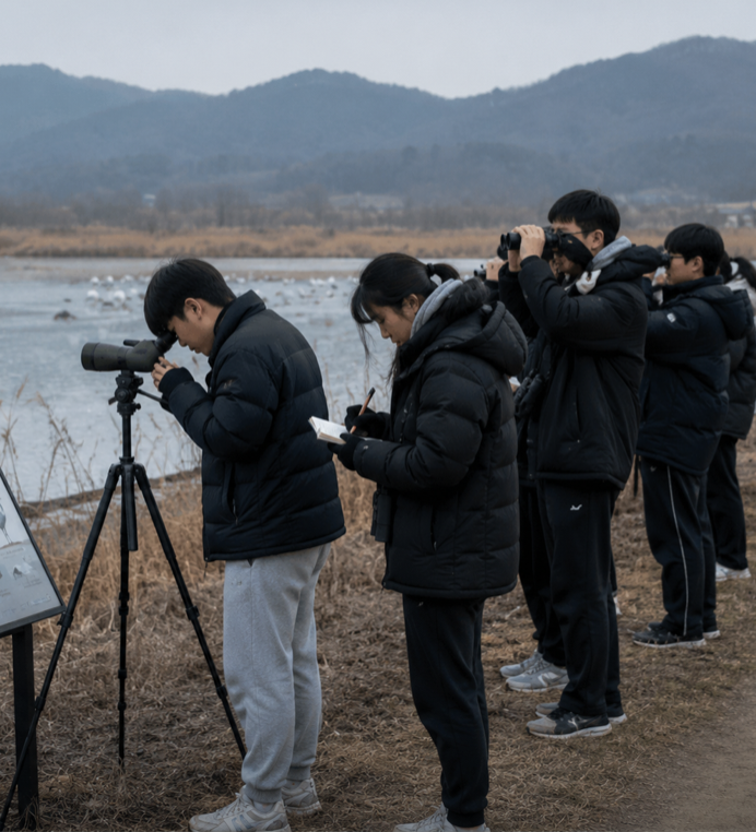 Students conducting crane census in Cheorwon Plain